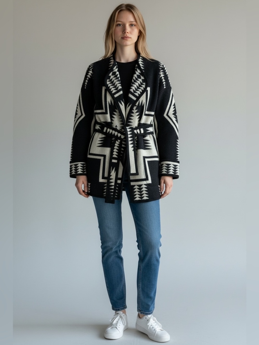 PENDLETON Neskowin Wool Wrap Black & Ivory Geometric Shawl-Collar Belted Jacket - Picture 2 of 7